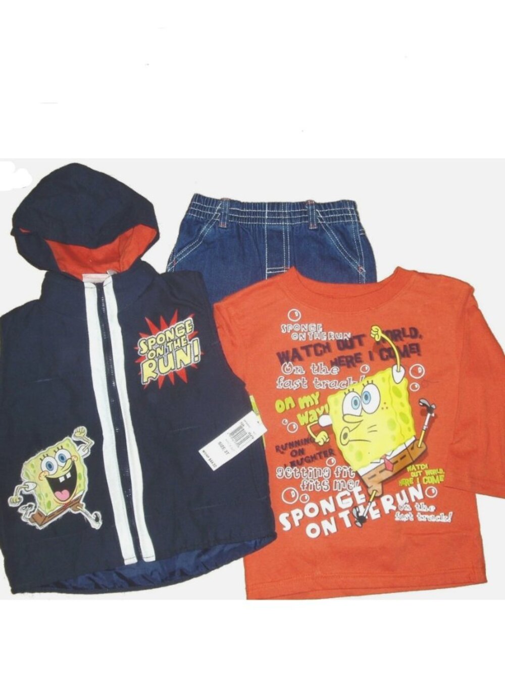 SponageBob 3 pc Outfit Hooded Vest Jacket Pants Shirt Set Jeans Long Trousers